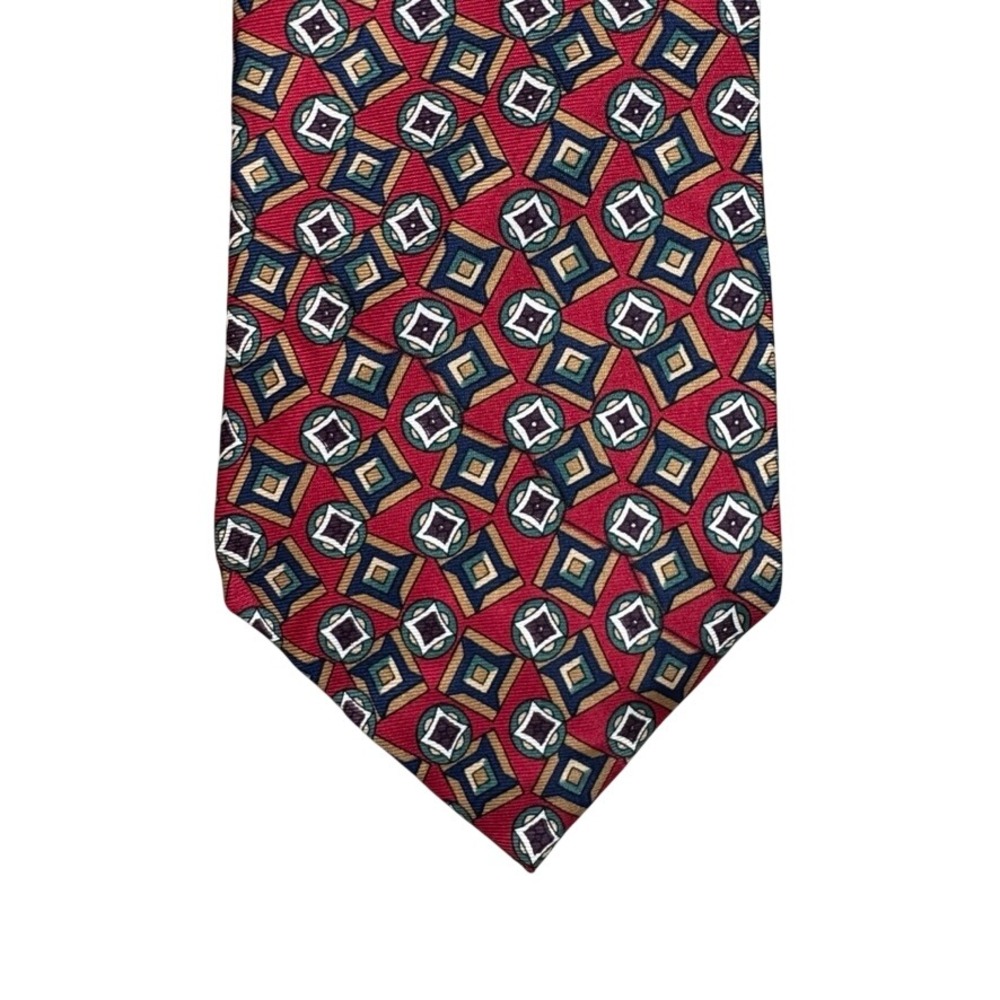 Handmade 100% Silk Geometric Medallion Red Navy Gold Italian Fabric Necktie